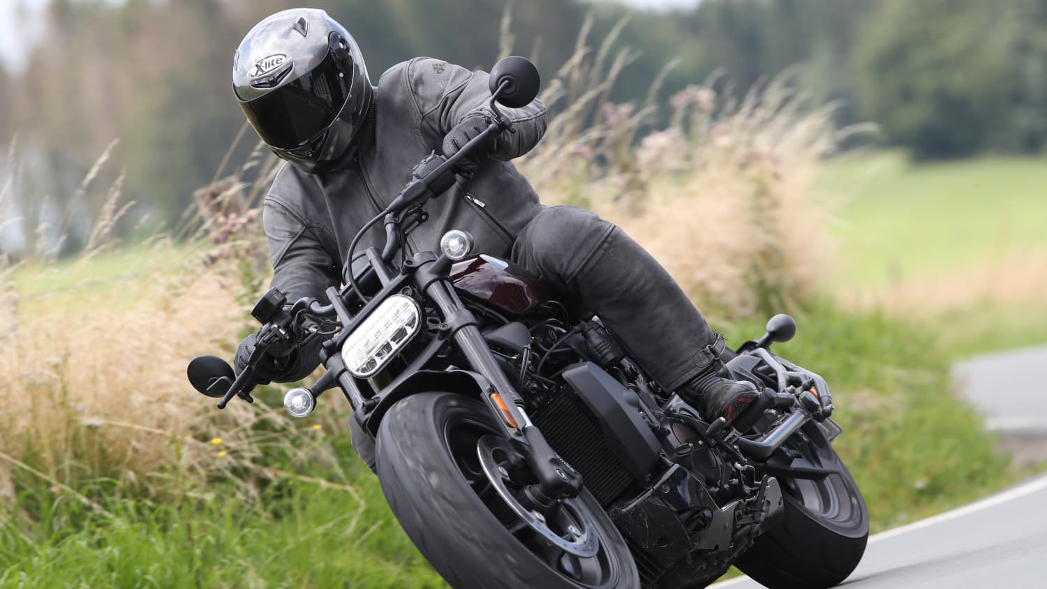 Eine Harley Davidson Sportster S fährt auf einer Landstraße, von vorne zu sehen