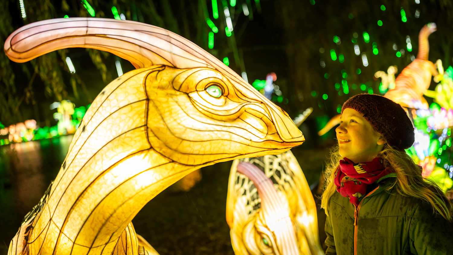 ein Mädchen schaut sich die Lichtinstallation eines Dinosauriers im Serengeti-Park Hodenhagen an