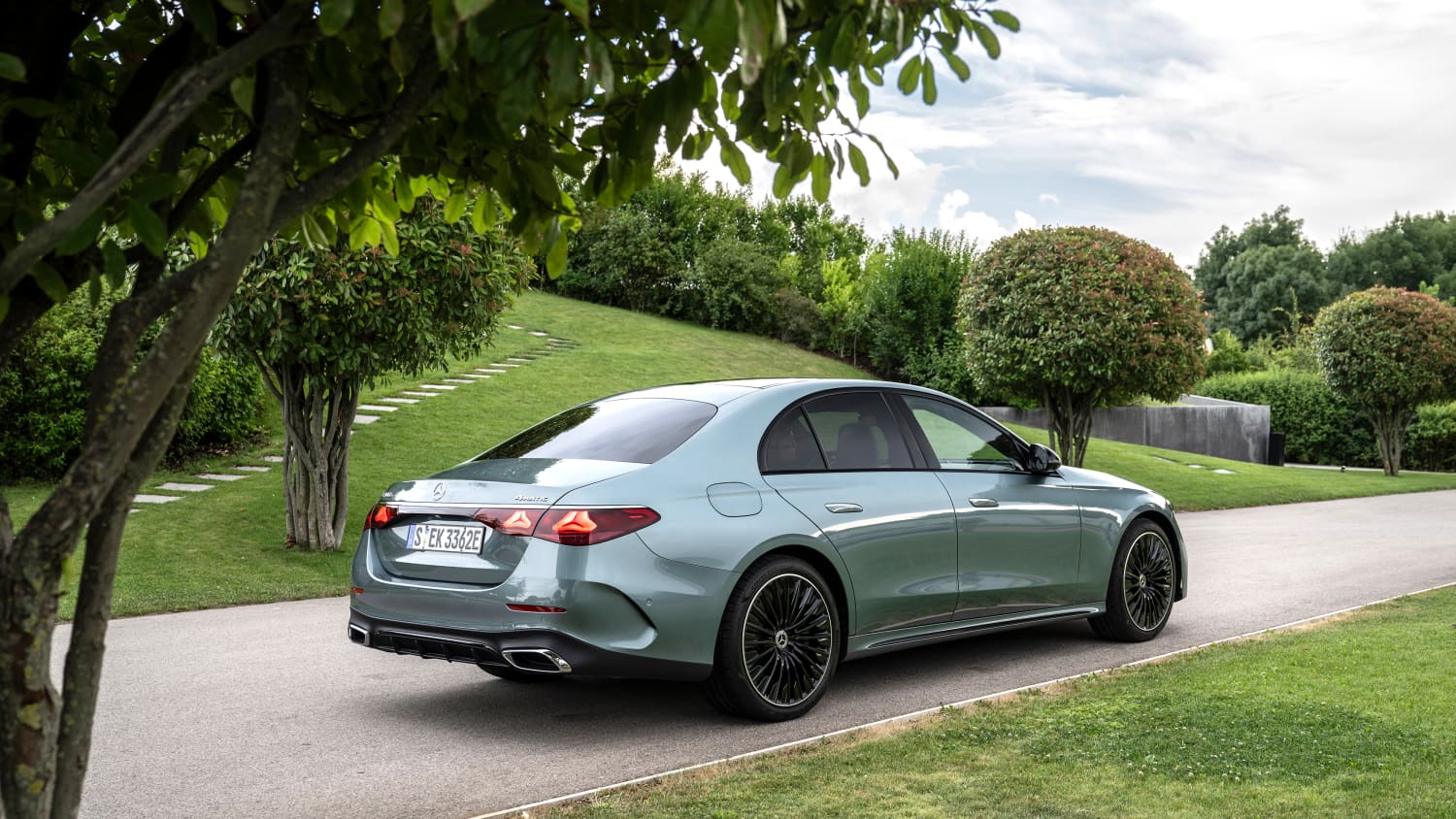 Mercedes E-Klasse Grau von hinten fotografiert in einem Park
