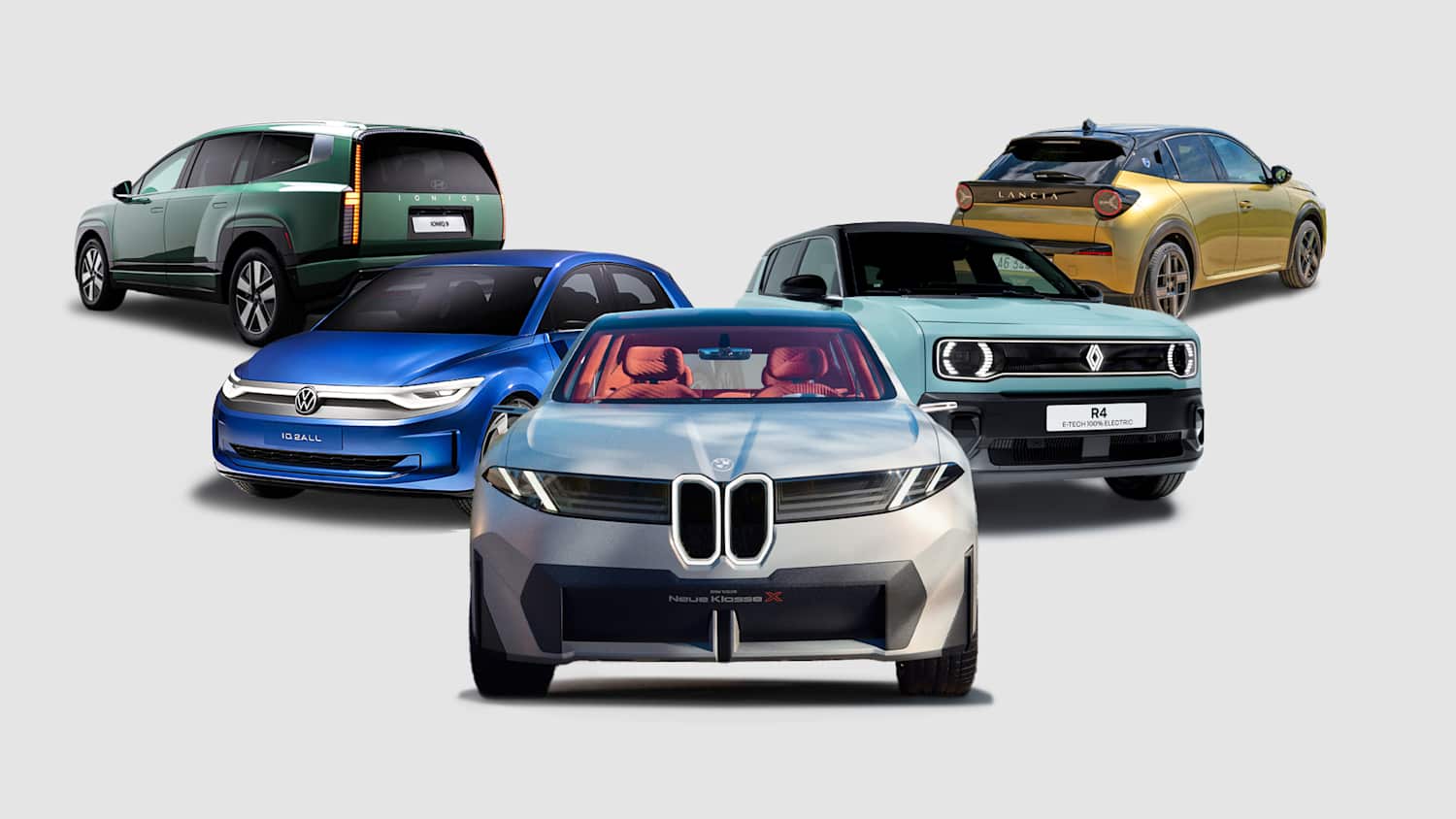 Autocollage aus dem BMW neue Klasse, Lancia Ypsilon, Renault R4, Hyundai Ioniq 9 und VW ID.2 All