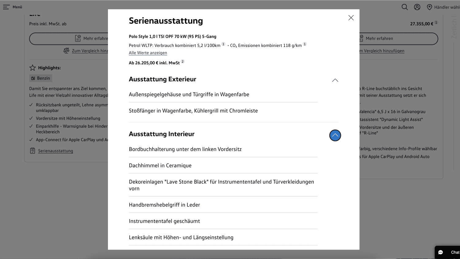 Screenshot der Serienaustattung im VW Konfigurator