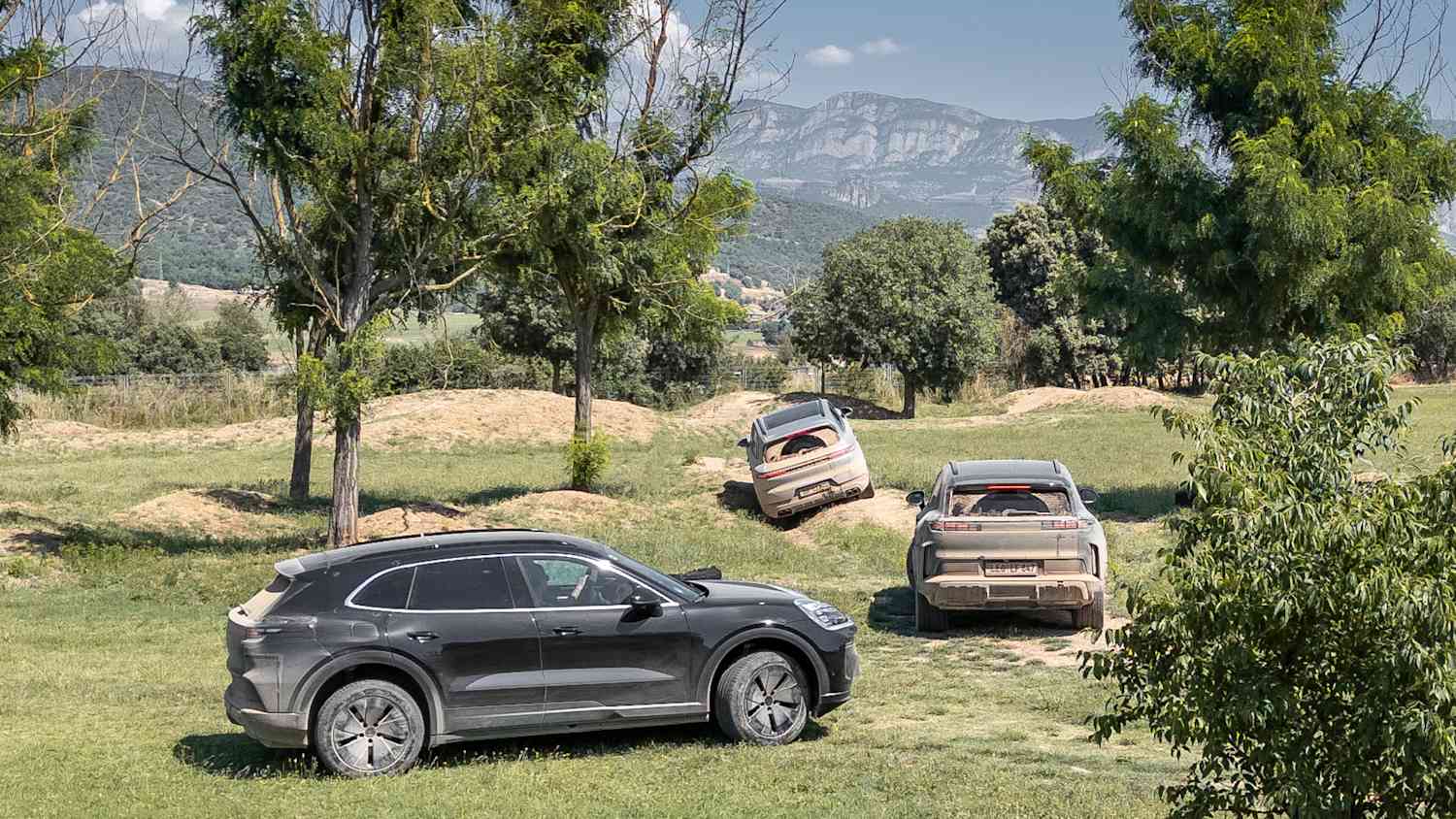 Drei Porsche Cayenne E fahren über unebenes Gelände mit Gras und Bäumen im Hintergrund.