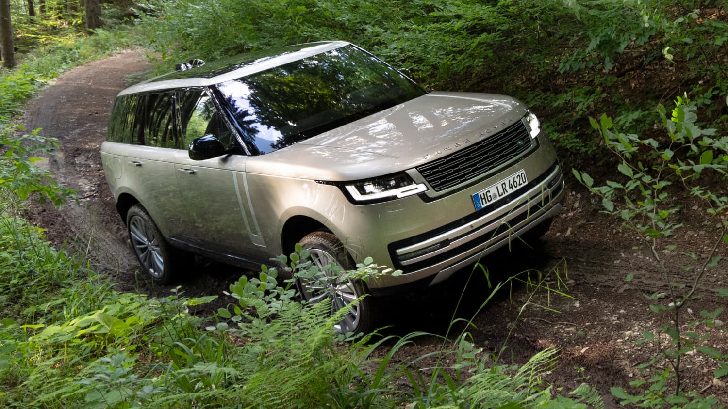 Ein Range Rover fährt im Gelände