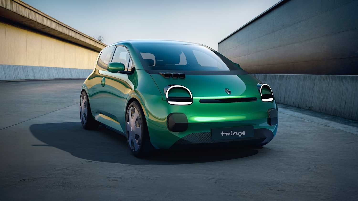 Frontansicht einer stehenden Renault Twingo E-Tech Studie