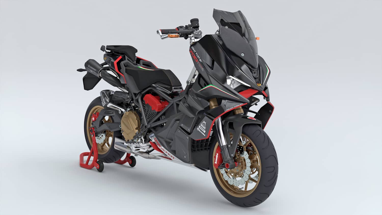 Front und Seitenansicht einer stehenden Italjet Dragster 700 Twin