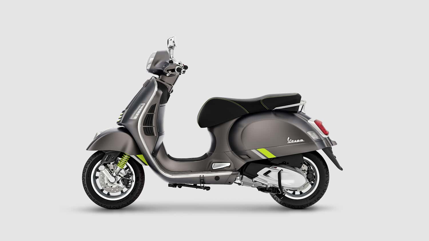 Seitenansicht einer grauen stehenden Vespa GTS Supertech 310
