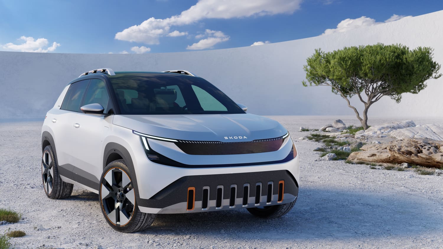 Front und Seitenansicht eines stehenden Skoda Epiq