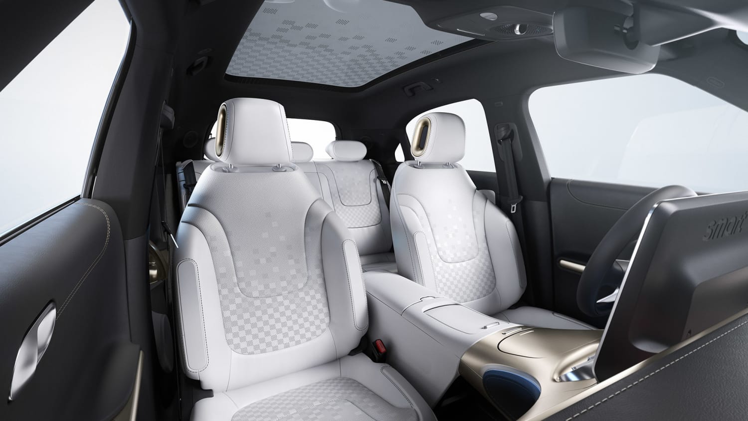 Innenraumansicht des Smart #1 mit Display und weissen Sitzen