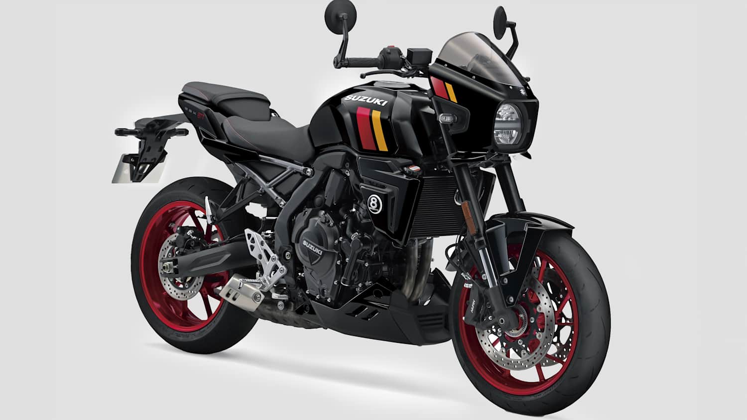 Freistelleraufnahme der Suzuki GSX 800 vor grauem Hintergrund und leicht seitlich gedreht