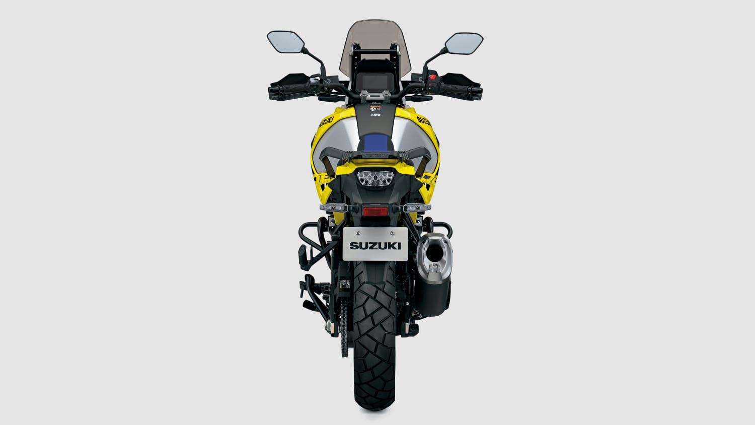 Rückansicht der schwarz-gelben Suzuki V Strom 1050 DE