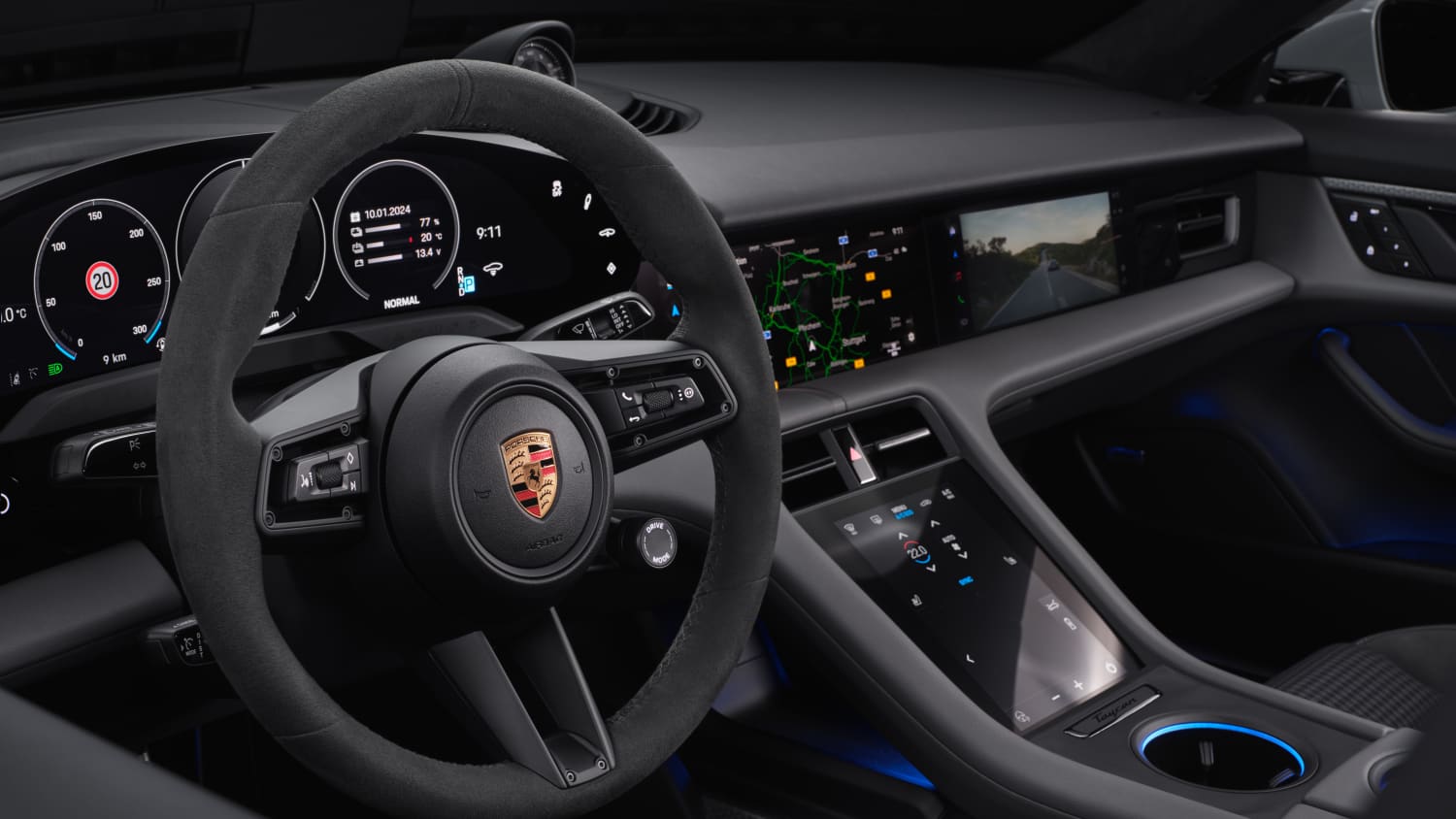 Innenansicht, Cockpit und Lenkrad des neuen Porsche Taycans nach dem Facelift von 2024