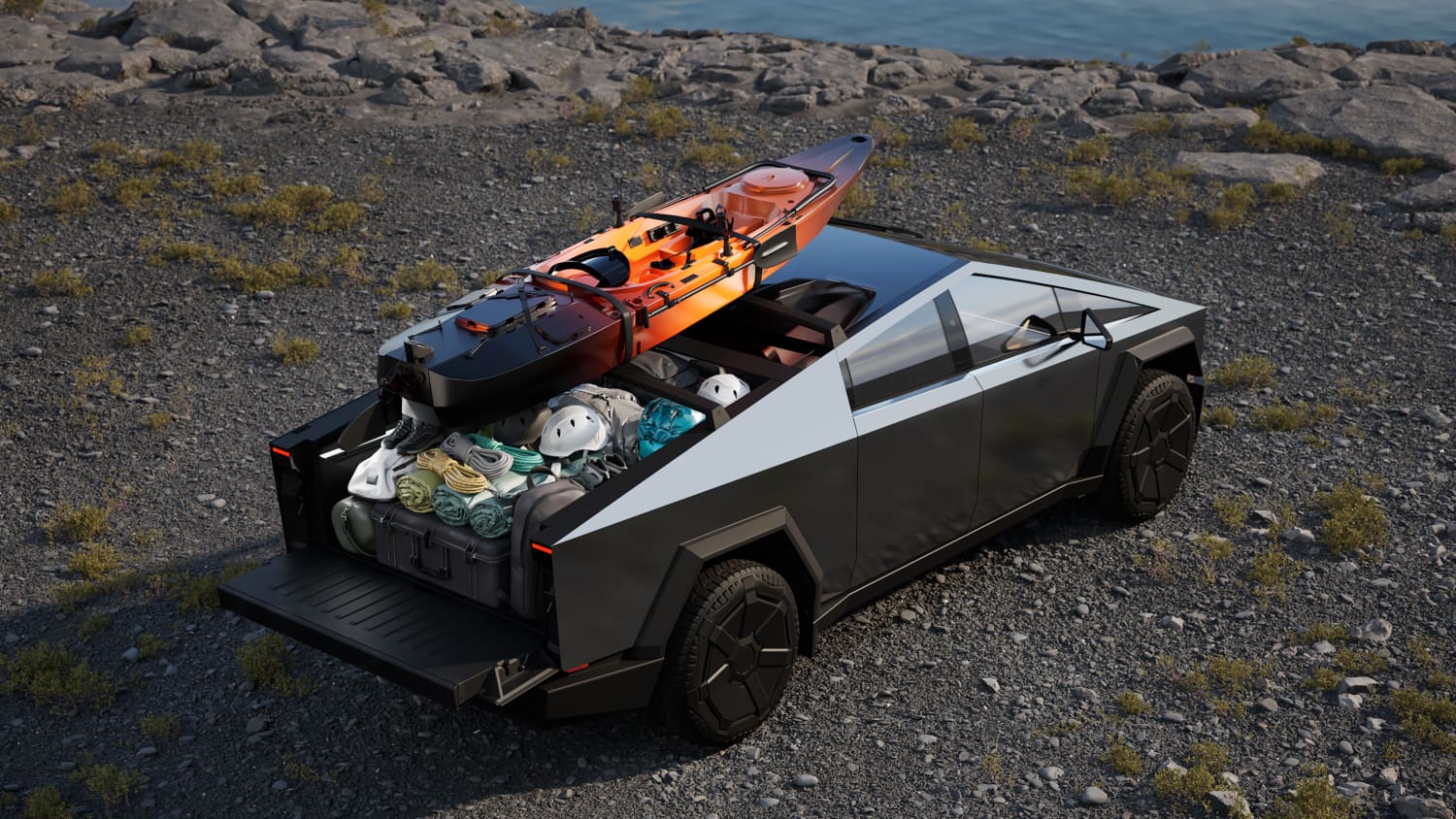 Der Cybertruck von Tesla beladen mit einem Kanu und Ausrüstung von oben fotografiert