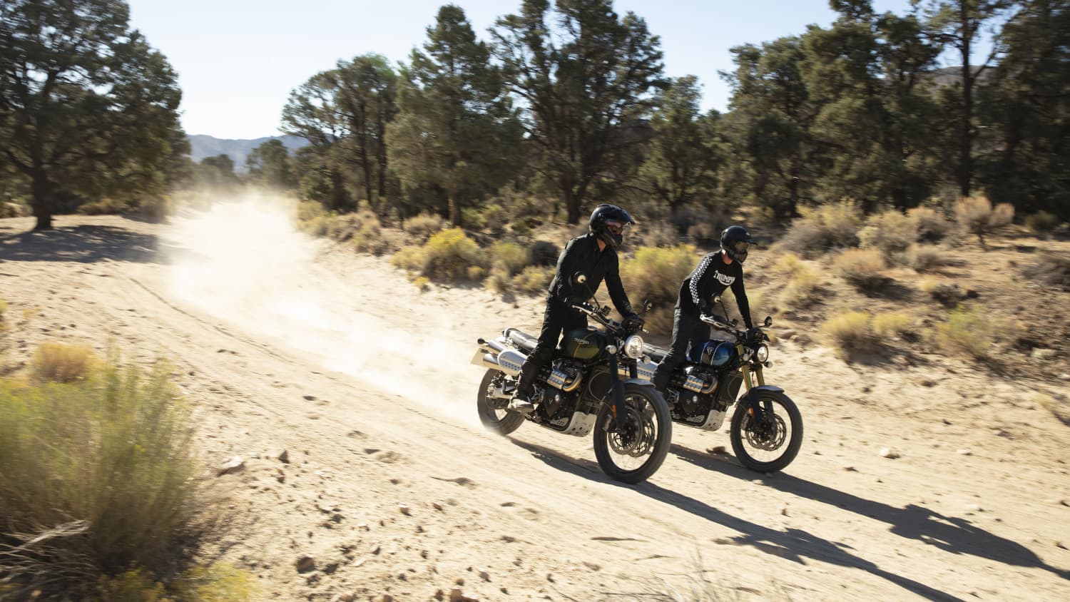 zwei Triumph Scrambler 1200 XE Motorräder im Gelände