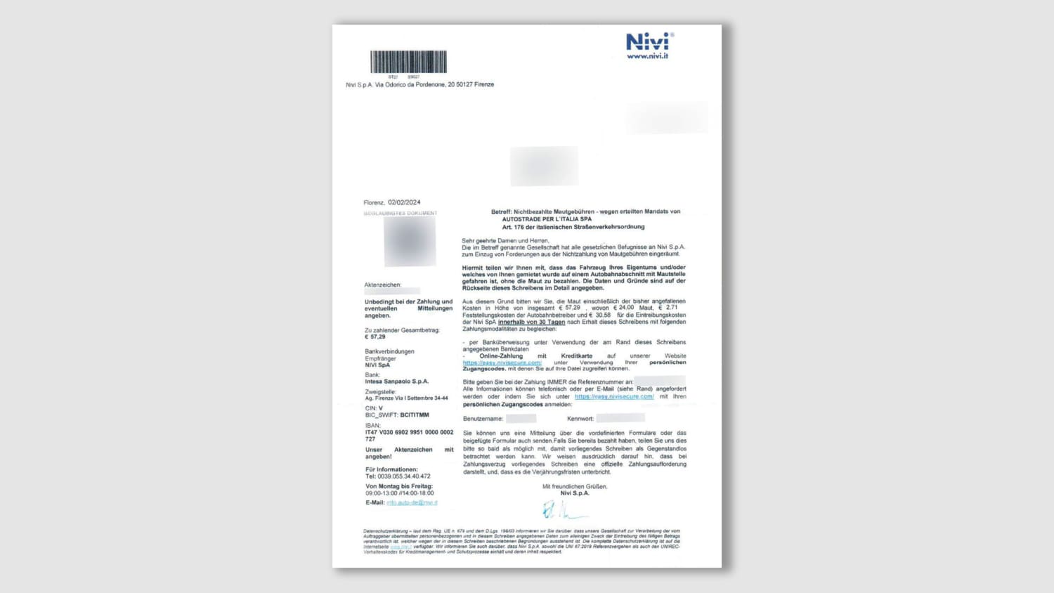 Musterschreiben eines Inkasso-Brief aus Italien