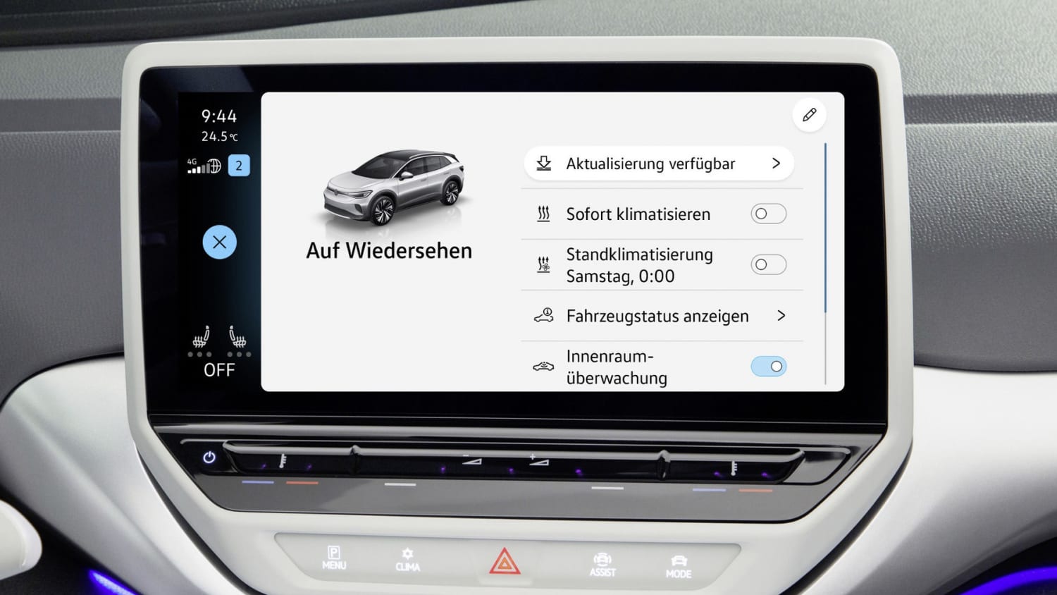 Display eines Volkswagens, dass verschiedene Menü-Optionen anzeigt