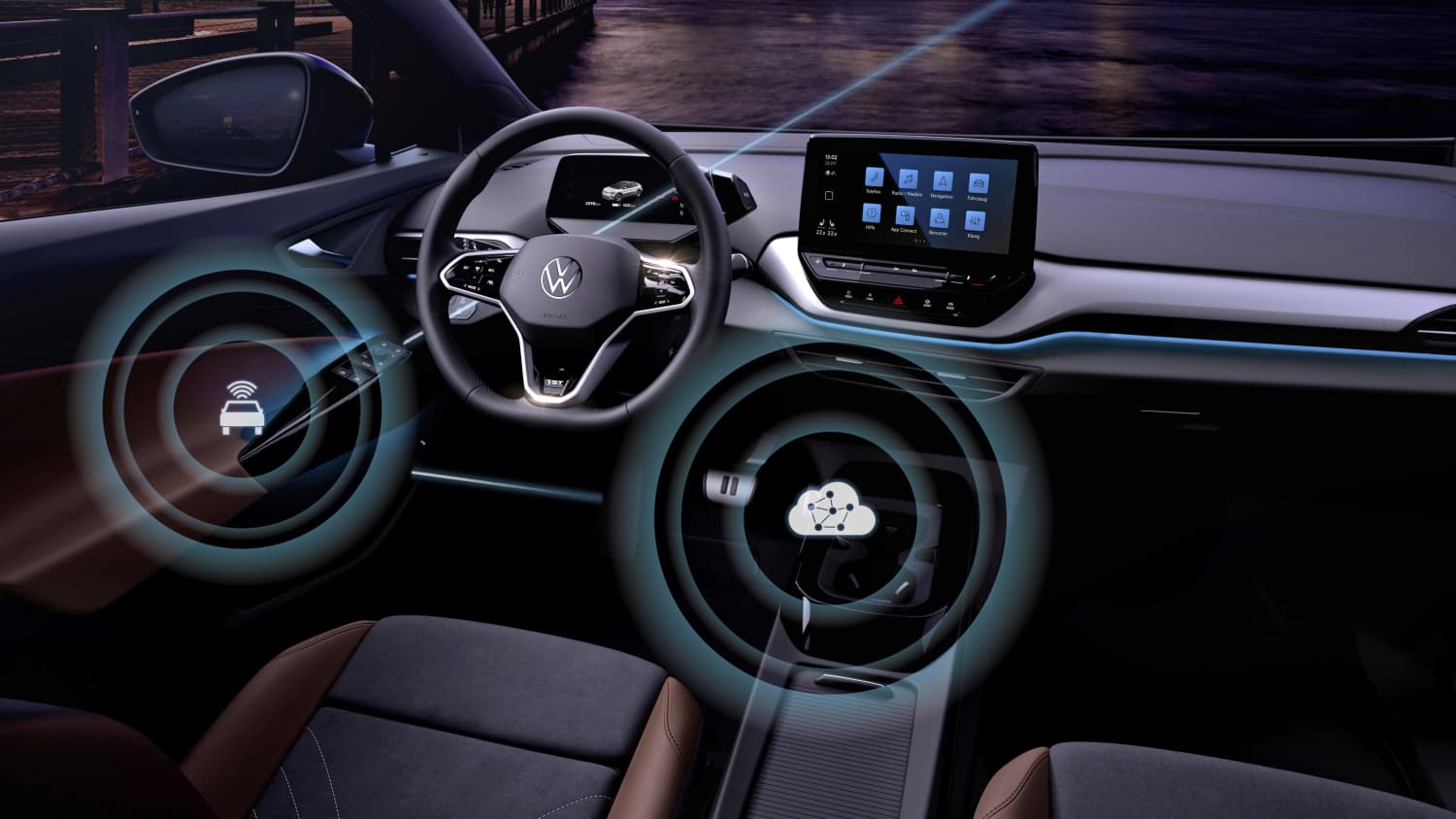 Innenraumaufnahme eines Volkswagen ID mit Lenkrad und Display zum Thema Konnektivität und Over-the-Air Update