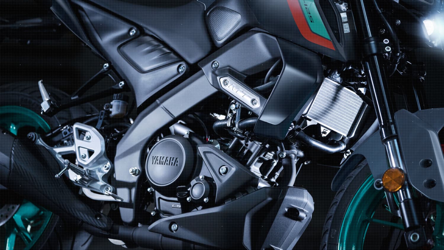 Detailaufnahme des Motorsblocks der MT125 von Yamaha