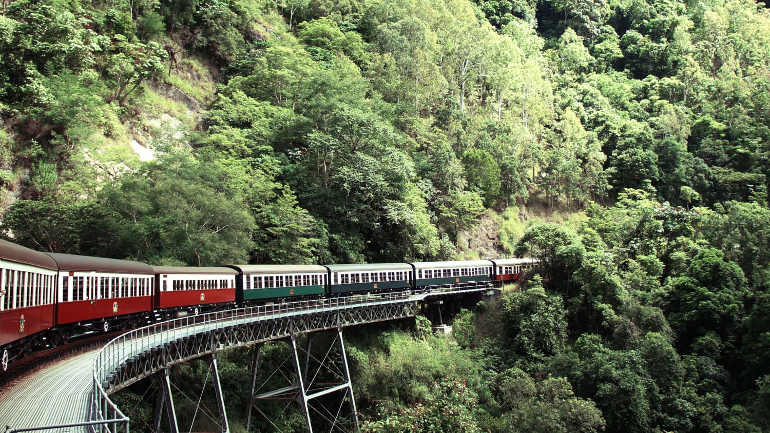 Ein Zug der Kuranda Scenic Railway fährt in Australien über eine Brück in den Dschungel