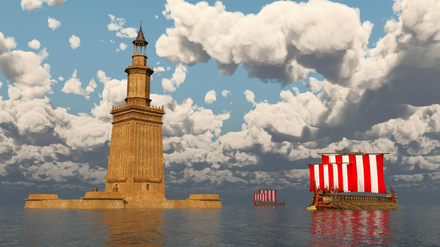 Ein Rendering vom  Leuchtturm von Alexandria mit einem Griechischen Schiff