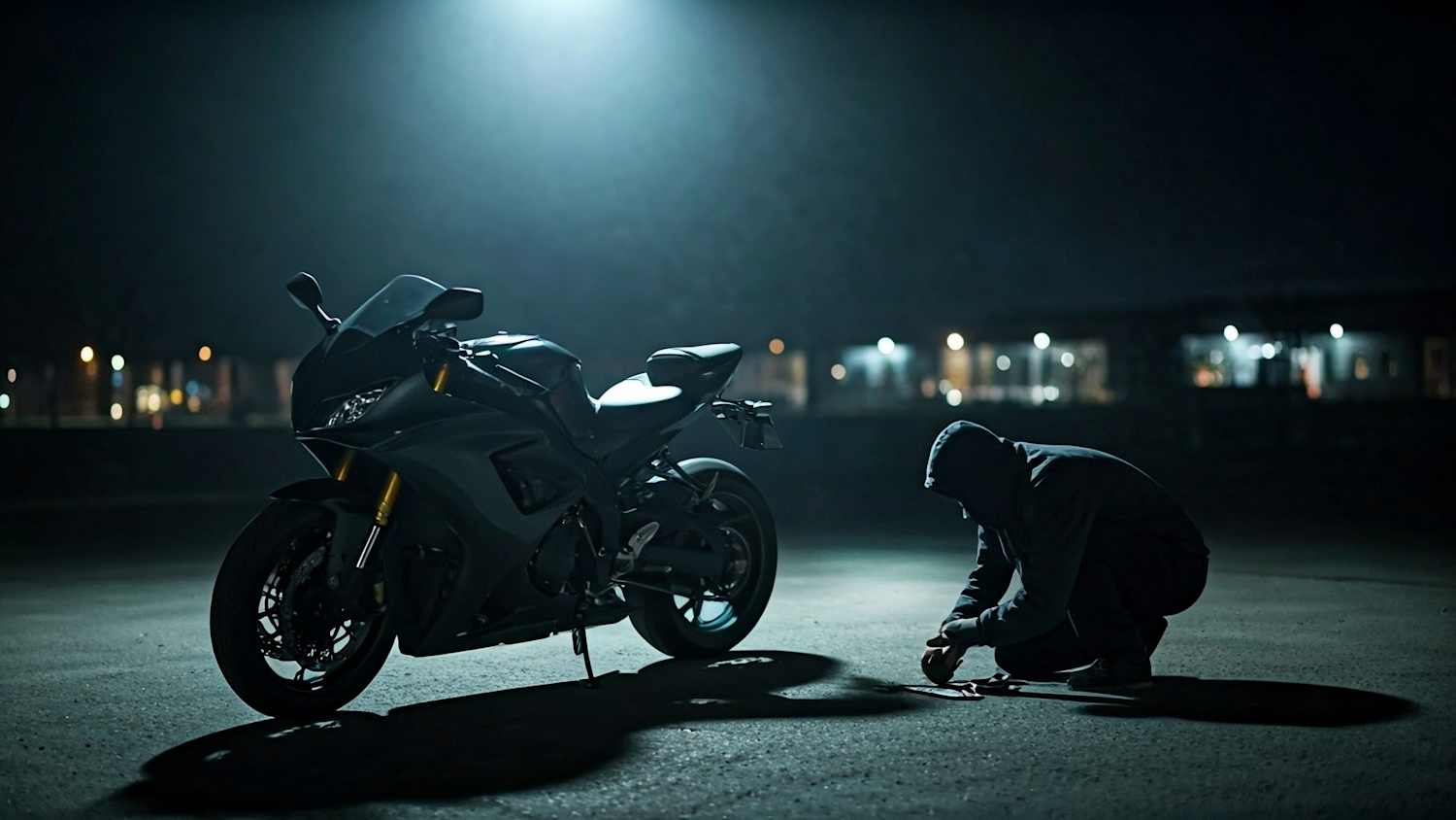 Ein Motorrad wird nachts von einem Dieb heimgesucht, der versucht das Motorrad zu stehlen