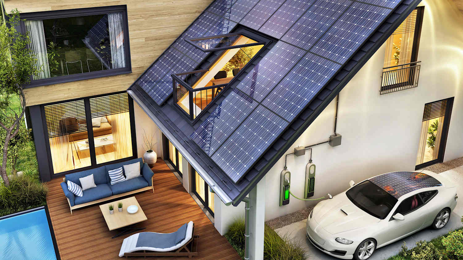 Ein Einfamilienhaus mit Solarmodulen auf dem Dach