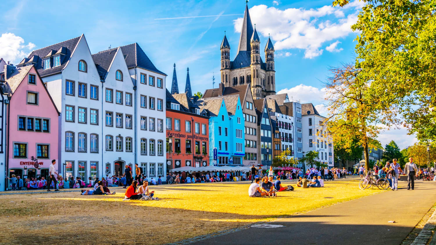 Der Fischmarkt in Köln mit seinen alten bunten Häusern und vielen Leuten auf der Wiese und der St. Martinskirche im Hintergrund.