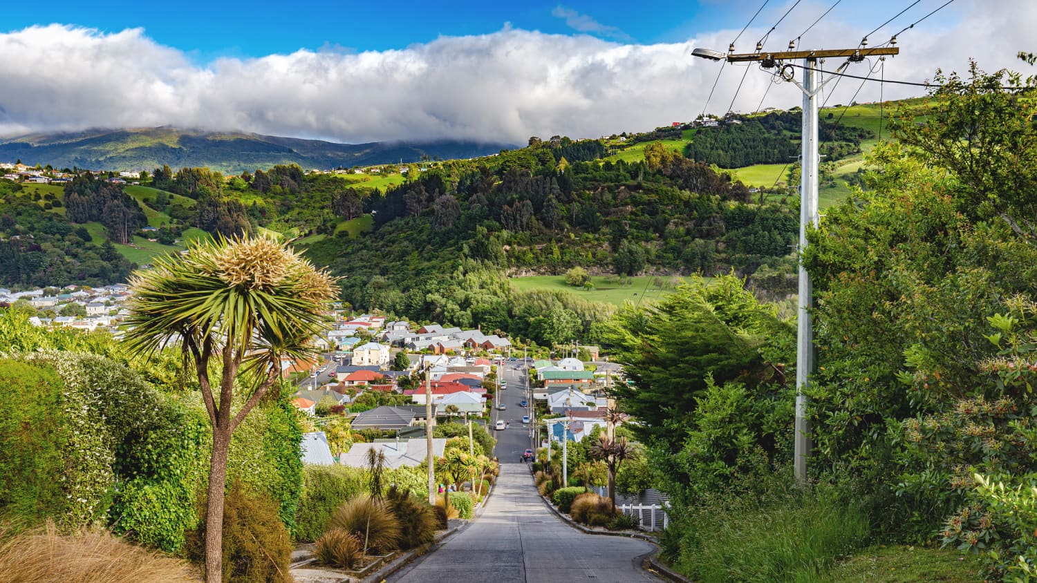 Blick auf die steile Baldwin Straße in Dunedin New Zealand mit Hügellandschaft im Hintergrund