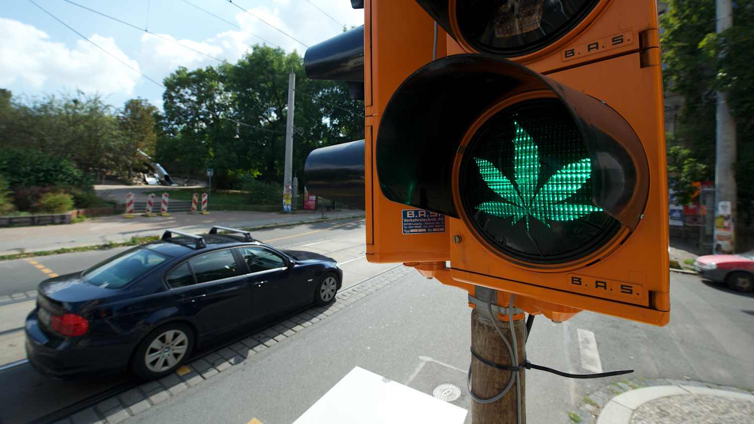 Der negative Scherenschnitt eines Cannabis-Blattes ist auf das Grün einer Behelfsampel in Leipzig geklebt. Im Hintergrund ist ein Auto zu sehen.