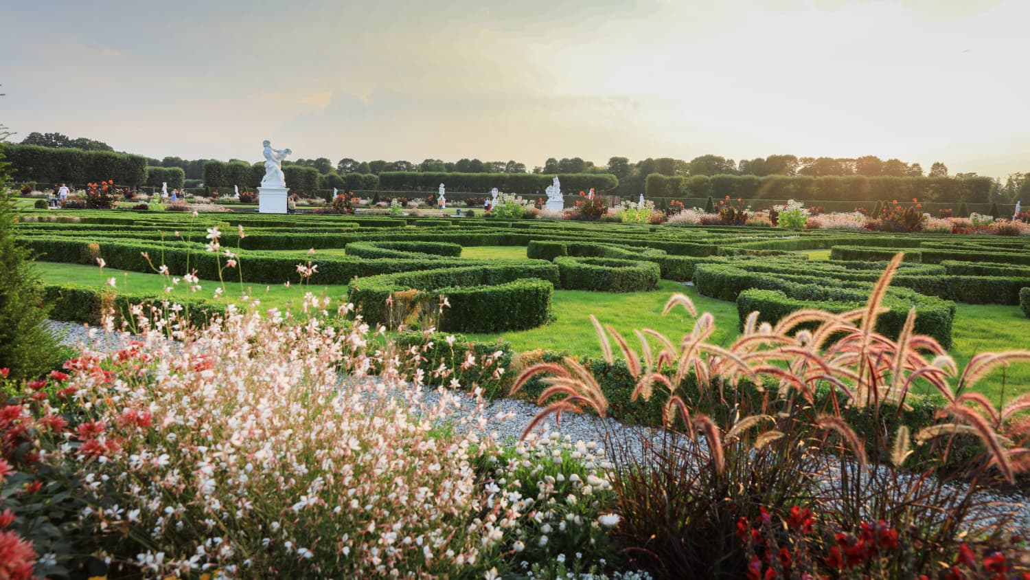 Der Große Garten in Hannover, beleuchtet von der untergehenden Sonne