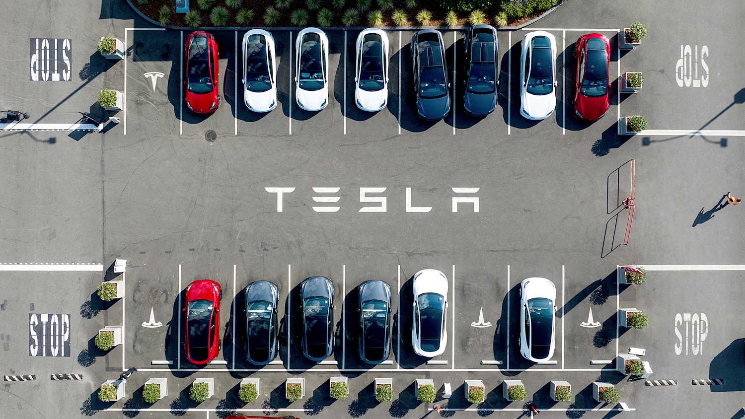Tesla-Fahrzeuge säumen einen Parkplatz vor dem Werk des Unternehmens in Fremont