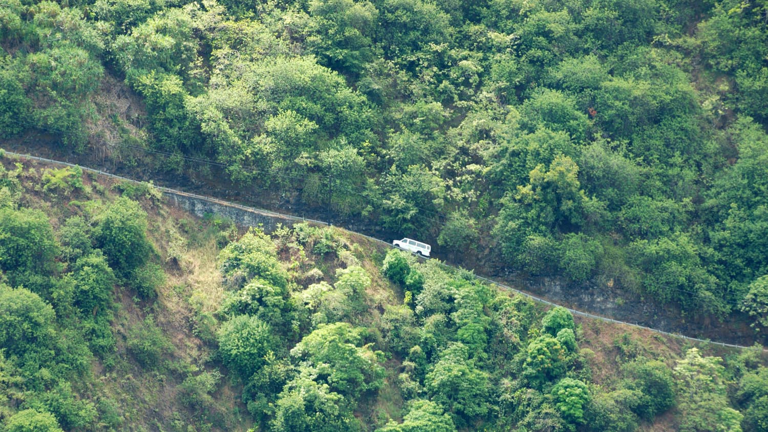 Ein weißer Kleinbus fährt die Waipio valley road auf Big Island Hawaii hinauf