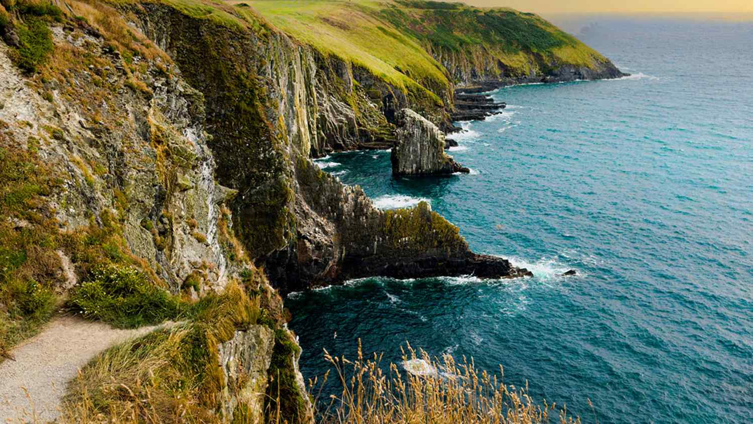 Küstenlandschaft entlang der Ring of Kerry Route in Irland mit grünen Klippen und Felsen, die ins Meer ragen. Der Himmel zeigt Farben eines Sonnenauf- oder -untergangs.