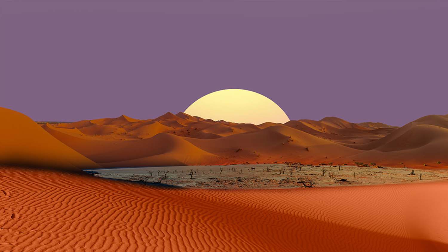 Abgestorbene Bäume in Dead Vlei, Sossusvlei, Namib-Wüste in Namibia. Im Vordergrund ist trockene, rissige Erde zu sehen, dahinter Sanddünen und ein Himmel mit Sonnenauf- oder -untergang.