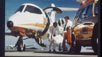 Ein historischer Ambulanz Jet des ADACs beim Rücktransport einer Patientin aus dem Ausland