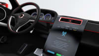 generiertes Bild eines mordernen Auto-Cockpits mit Display, das gerade ein Software Update anzeigt