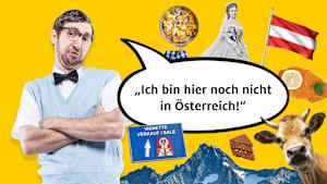 "Ich bin hier noch nicht in Österreich!" – Eine der beliebtesten Ausreden von Mautsündern, die ohne gültige Vignette auf österreichischen Autobahnen erwischt werden. Umgeben von typisch österreichischen Symbolen wie Sachertorte, Wiener Schnitzel, der österreichischen Flagge und Alpenlandschaft versucht der skeptisch blickende Mann vergeblich, sich herauszureden.