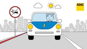 Illustration eines Mannes in einem elektroauto, der an einem Schild mit einem durchgestrichenen Verbrennerauto vorbeifährt