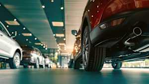 Bodenaufnahme eines Autohauses mit zwei Reihen von Autos, die alle durch Auto-abo oder Leasing verfügbar sind