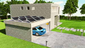 Ein blaues Elektroauto parkt in einer Garage, die mit Solar-panels bedeckt ist, und wird geladen, nachdem die Voraussetzungen für die Wallbox erfüllt wurden.