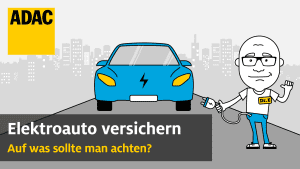 Eine Zeichnung von einem E-Auto und einem Mann mit einem Stecker, darunter steht "Elektroauto versichern- Auf was sollte man achten?", denn es gibt einiges zu beachten bei der KFZ-Versicherung eines Elektroautos