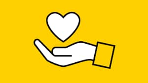 Ein Hand Piktogramm über dem ein Herz Piktogramm schwebt