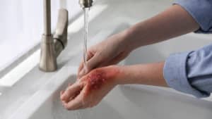 Eine Frau kühlt eine Verbrennung an der Hand unter dem Wasserhahn