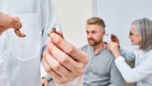 Audioprosthetis wählt nach der Höruntersuchung für hörgeschädigte Patienten zwischen Im-Ohr- und Hinter-dem-Ohr-Hörgeräten zur Behandlung von Taubheit
