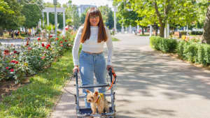 Eine junge Frau geht mit Hilfe einer Gehhilfe auf der ein Terrier sitzt in einem Park spazieren