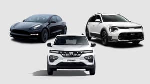 Collage aus einem Tesla Model 3, einem Dacia Spring und einem Kia Niro EV