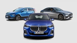 Collage aus BMW 2er Active Tourer, Kia Niro Plug-in-Hybrid und Mercedes C-Klasse