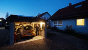 Ein älterer Mann der in der Nacht sein E-Auto Zuhause lädt