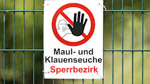 Ein Warnschild zur Maul- und Klauenseuche welches an einem Zaun hängt