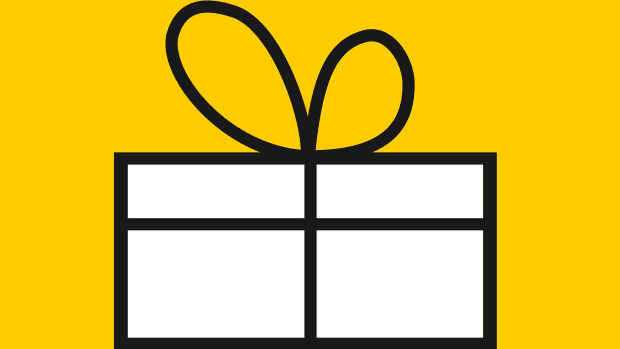 Stilisierte Zeichnung von einer Geschenkbox auf gelbem Grund