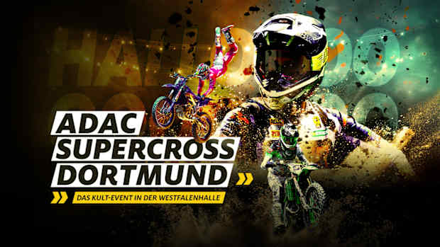 Buntes ADAC Supercross Plakat mit Motorradfahrern in actionreicher Szene.